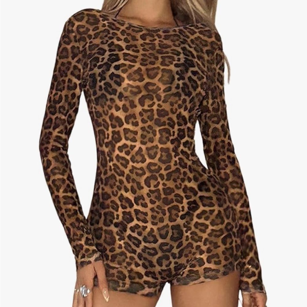 Backless Jumpsuits Cheetah Print Romper Bodycon Jumpsuit Long Sleeve Crew‎ Neck